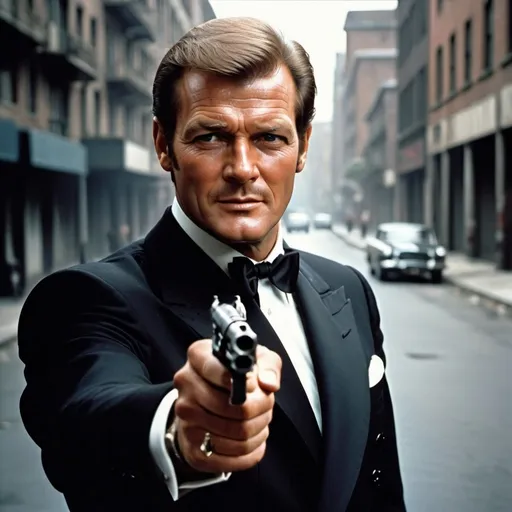 Prompt: Make an image of roger moore james bond, holding gun, and with a grin on face 