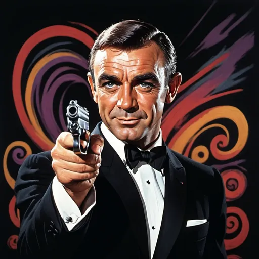 Prompt: Make an image of sean connery jamses bond, holding gun, and with a grin on face 