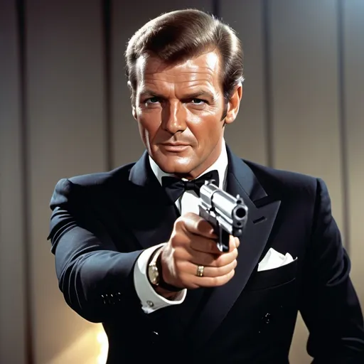 Prompt: Make an image of roger moore james bond, holding gun, and with a grin on face 