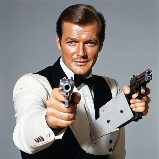 Prompt: Make an image of roger moore james bond, holding gun, and with a grin on face 