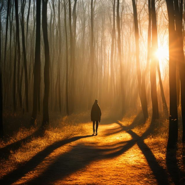 Prompt: One human  walking  through  the  wood and be sunrise 