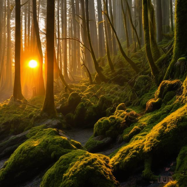 Prompt: Forest at sunrise by the beach  with moss cave. 