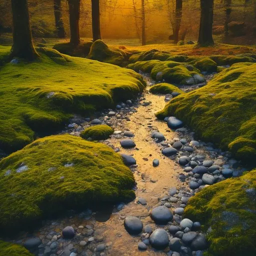 Prompt: Paths  with stones  and moss and the river at the sunrise. 