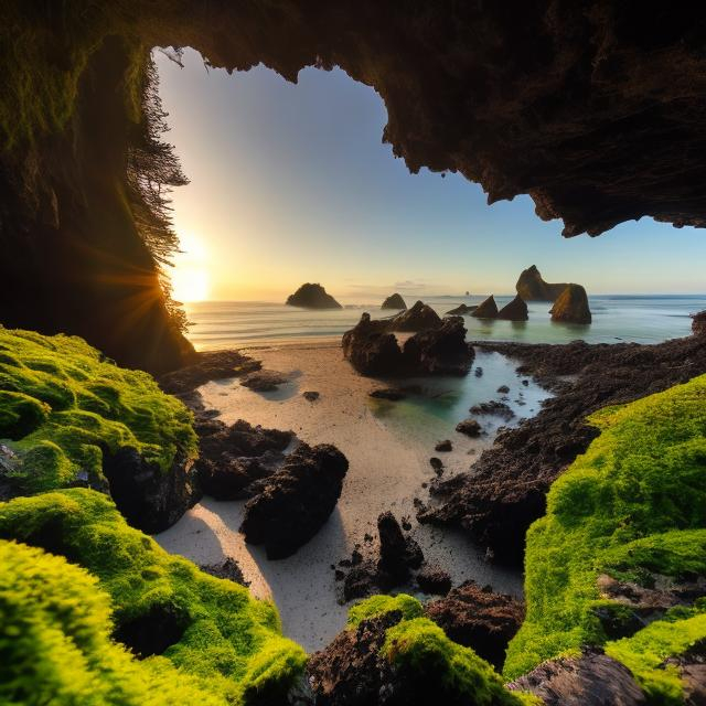 Prompt: Beautiful  beach  at sunrise with  views on the  cave  filled  with moss. 