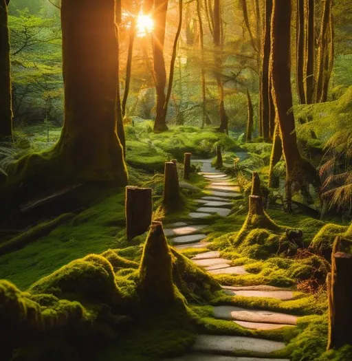 Prompt: Peaceful path  in the wood and sunrise with moss cave  view very realistic  view 