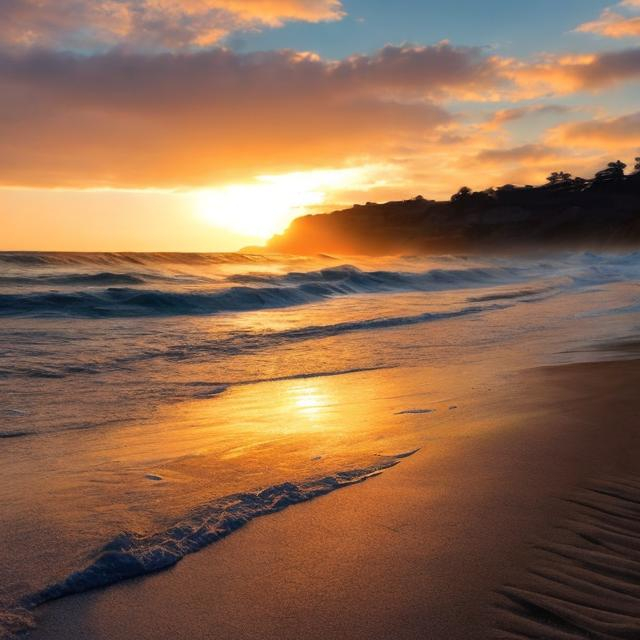 Prompt: Beautiful  beach  path  and waves  at sunrise 