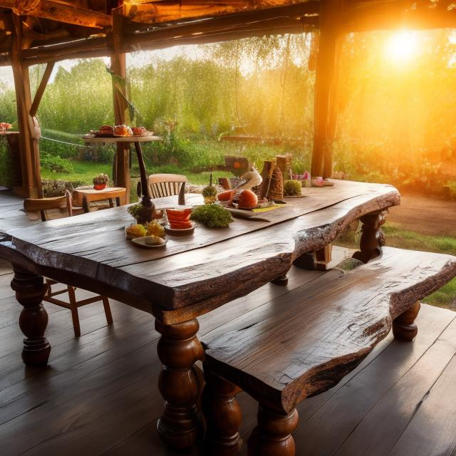 Prompt: Big wood  table  with unique  edge with tea party and fresh  vegetables on the  farm with sunrise 