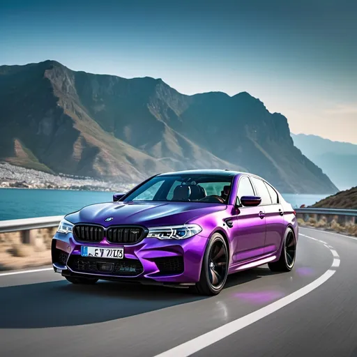 Prompt: (שחור ירוק וסגול) BMW M5, (highly detailed car) sleek design, powerful stance, vibrant black, green, and purple wing, against a stunning backdrop of a serene sea and majestic mountains, cinematic lighting, (dramatic colors) HD quality, clear blue sky, depicting an exhilarating atmosphere of luxury and adventure.