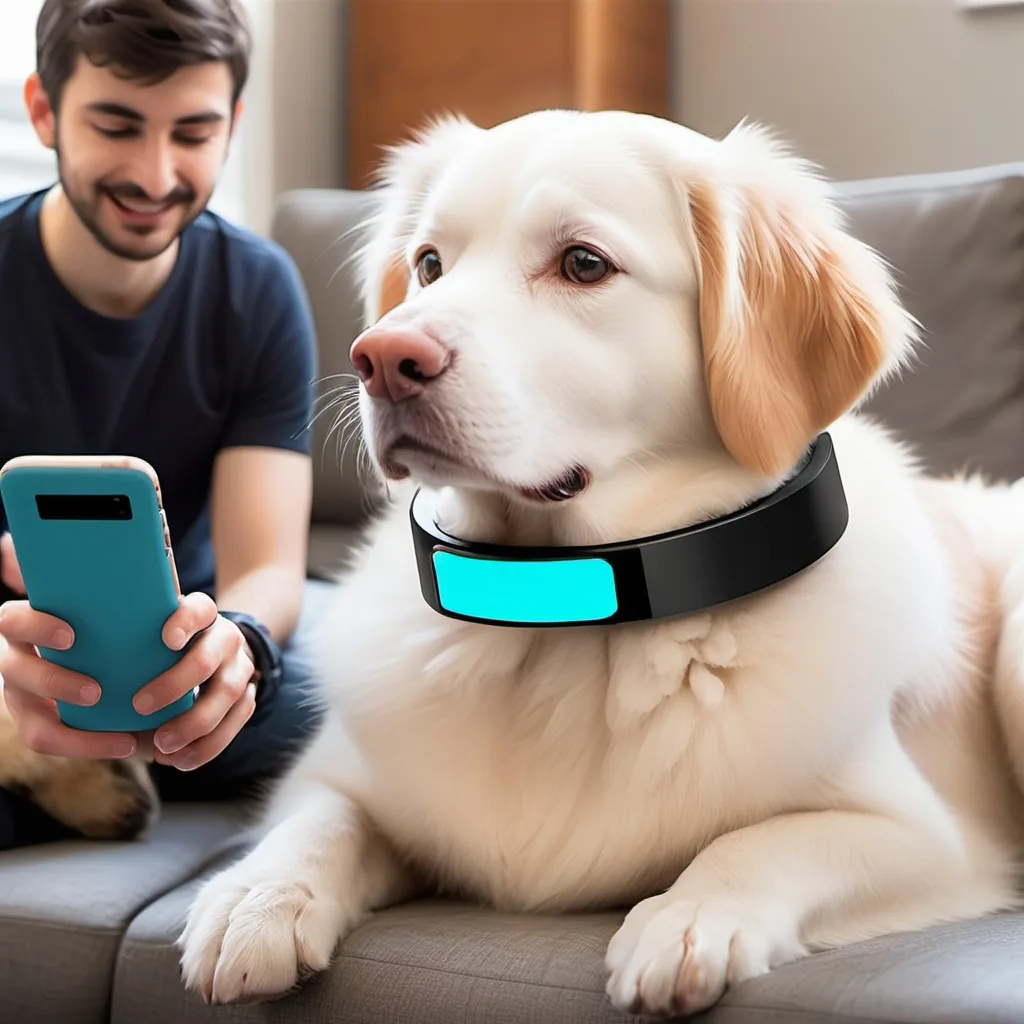 Prompt: invent a neck technology device for pets where we can control them by connecting via phone app