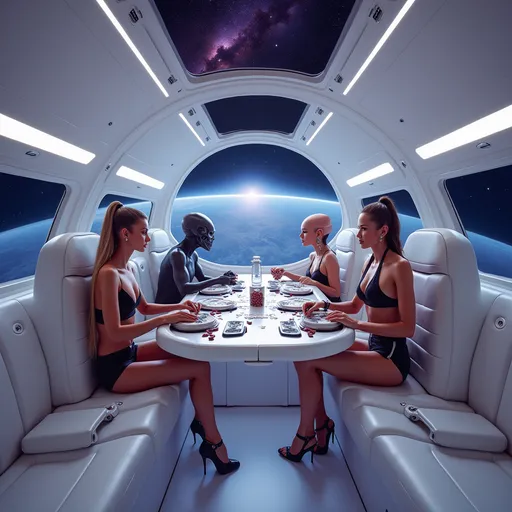 Prompt: the perspective is inside a large futuristic white spaceship, the interior of the space ship is similar to a car, 2 hot women are playing poker with 2 aliens in the back passenger seats of the spaceship, the spaceship is floating in deep outer space, in the distance are stars and a purple nebula