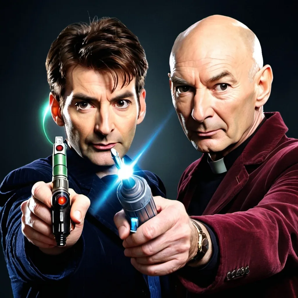 Prompt: Show me the 10th doctor who holding his sonic screwdriver and Jean luc Picard pointing a phaser 