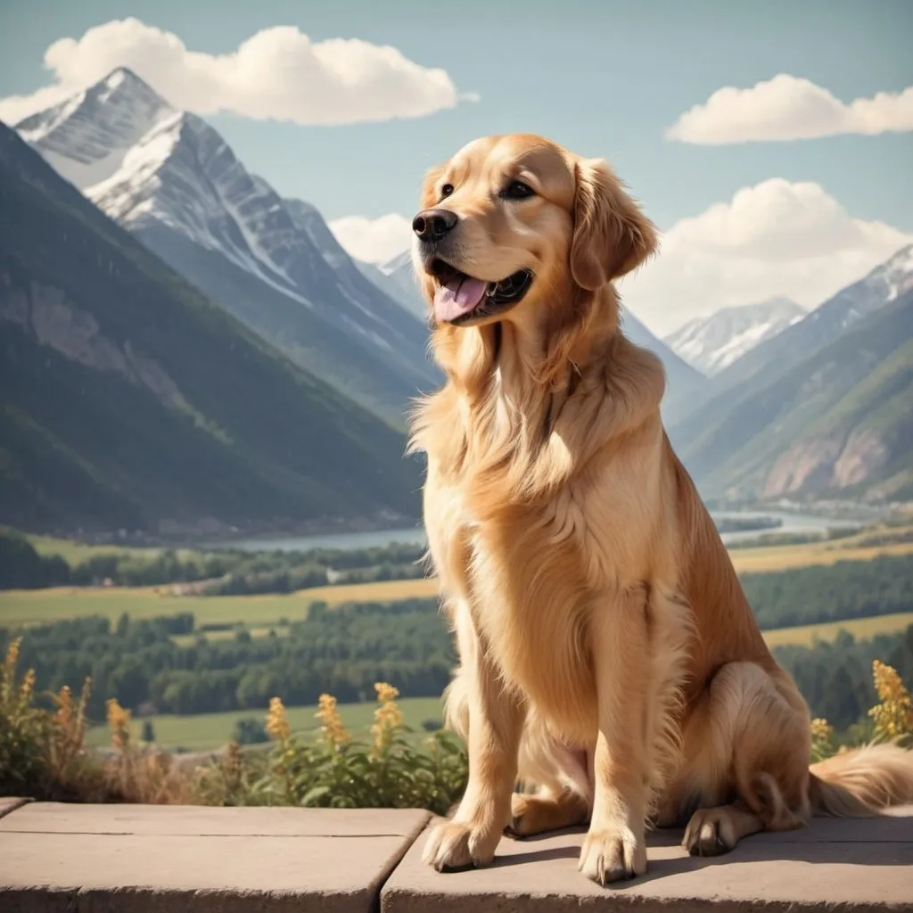 Prompt: An animated golden retriever dog sitting with mountains in the background. 1950s style. 