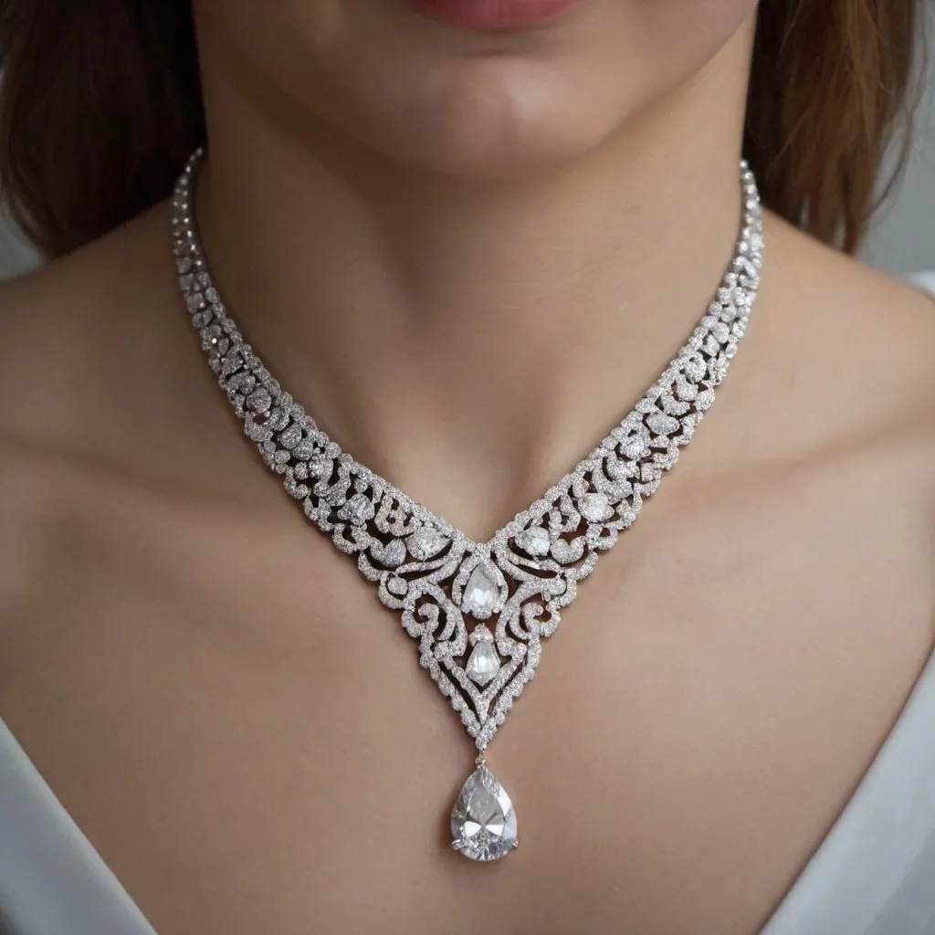 Prompt: a beautiful shining diamonds necklace suited in a beautiful decoltè. the zoom of the picture is on the necklace and I won't see only her body and not face