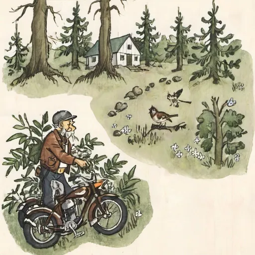 Prompt: > Draw an imaginary sketch to show the biker route he/she should take through the forest to reach the Spring {as shown in the above picture)
• While drawing the sketch map, place the following landmarks:
i. The Natural History Museum ii. A glass house for orchids ill. A log cabins iv. The sparrow's point