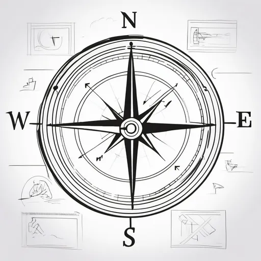 Prompt: a sketch showing how we Help our users navigate to the right product for them, using a compass.