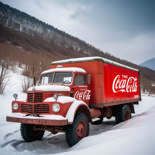 Prompt: Abandoned Soviet truck full of Coca Cola from the 1960s on a snowy hillside.