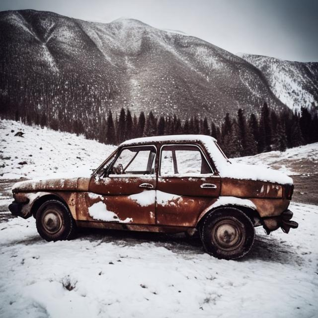 Prompt: An old Soviet car stuck in the snow in the mountains propped up with one of its tires fallen off.