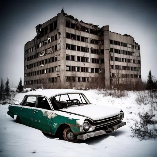 Prompt: Old abandoned Soviet 1960s car flipped over in an abandoned Soviet radio building in the 1960s with collapsed sections of the roof of the building and snow around the place and in the place.