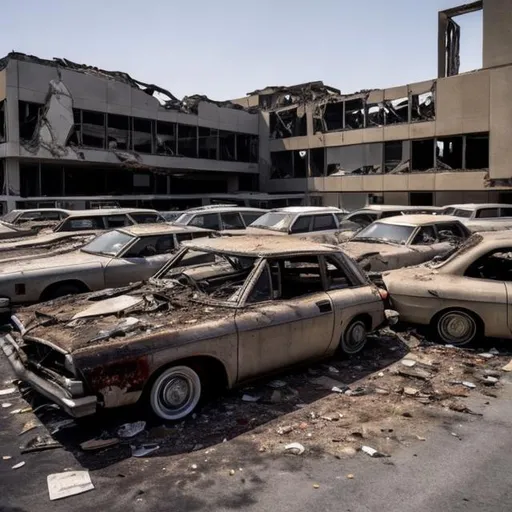 Prompt: The parking lot of the abandoned YouTube headquarters,which lay empty except for a few old cars which got crushed by the building.
