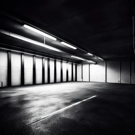 Prompt: Liminal space of a dark dimly lit indoor car park.