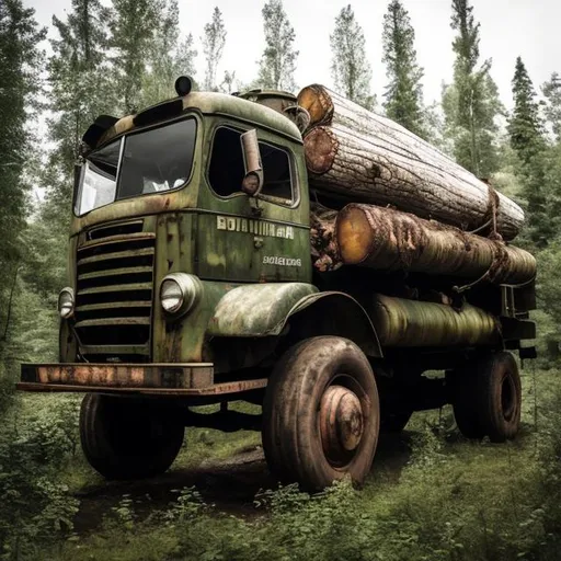 Prompt: Abandoned 1940s Soviet logging truck that is slightly tilted over in the forest and is still carrying a giant log on it that was never used.