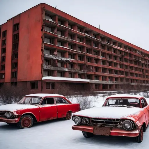 Prompt: Abandoned 1960s Soviet hotel colored red with abandoned Soviet cars in the parking lot from the 1960s with snow in the background.