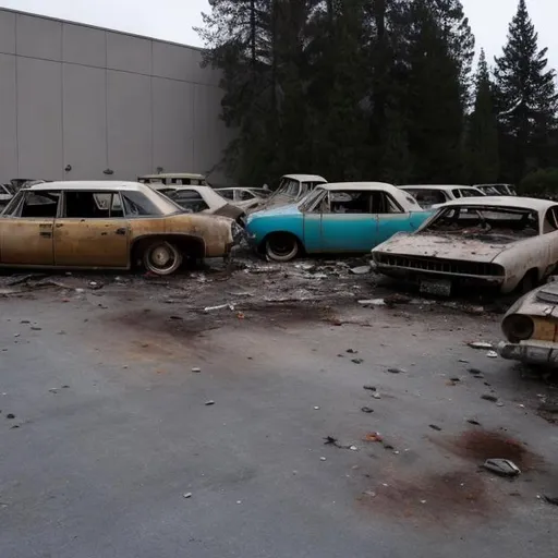 Prompt: The parking lot of the abandoned YouTube headquarters,which lay empty except for a few old cars which got crushed by the building.