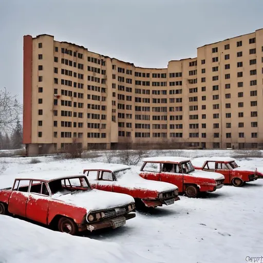 Prompt: Abandoned 1960s Soviet hotel colored red with abandoned Soviet cars in the parking lot from the 1960s with snow in the background in various different colors, mostly bland ones though.