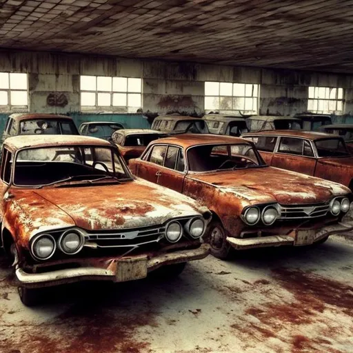 Prompt: Soviet cars from the 1960s sitting abandoned in a rusty abandoned Soviet car dealership from the 1960s.