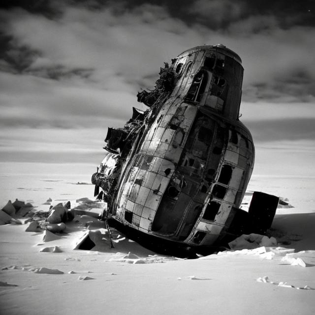 Prompt: An old crashed Soviet satellite in Antarctica.