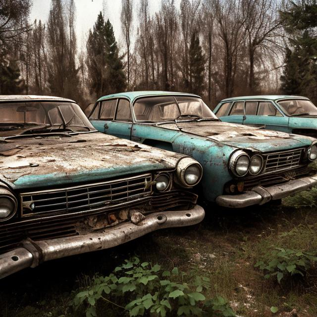 Prompt: Soviet car engines hanging outside of their damaged abandoned Soviet cars from the 1960s in an abandoned parking lot of an abandoned Soviet apartment from the 1960s.