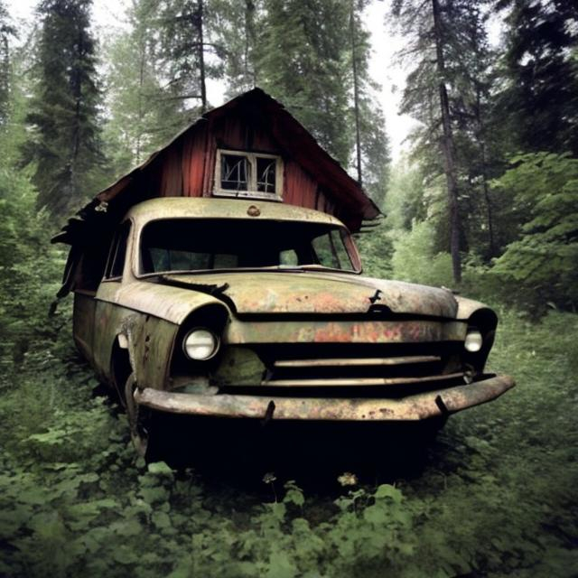Prompt: An old Soviet cabin from the 1960s in the deep woods with an old Soviet car from the 1960s crashed in it.