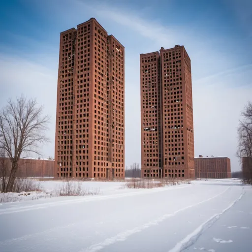 Prompt: Soviet brick skyscrapers that are abandoned in an abandoned Soviet town from the 1960s with heavy snow around the area.