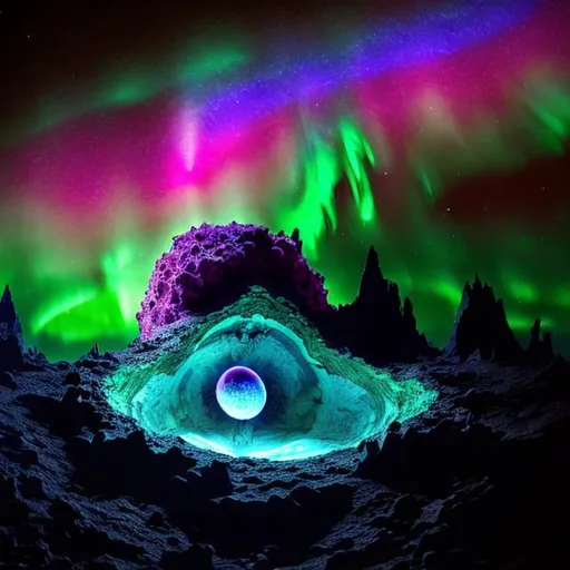 Prompt: A planet that is a giant geode with many holes in it revealing tons of crystals being explored by a space probe with an aurora in the background.