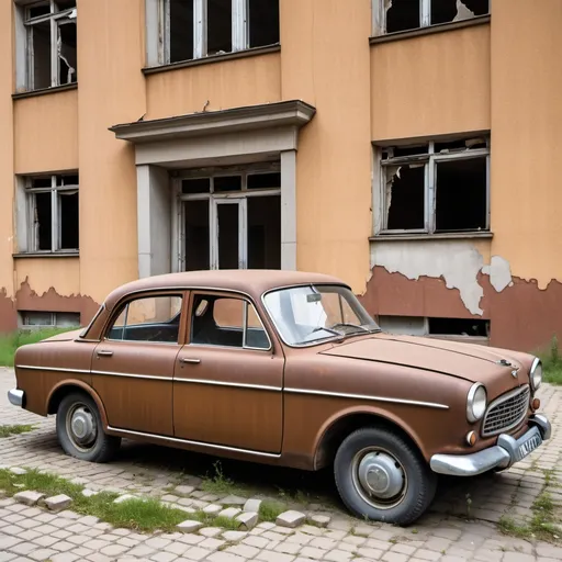 Prompt: Pop art of a brown Soviet car from the 1960s that is abandoned next by a broken wall of an abandoned Soviet office building from the 1960s that used to be used by Stalin.