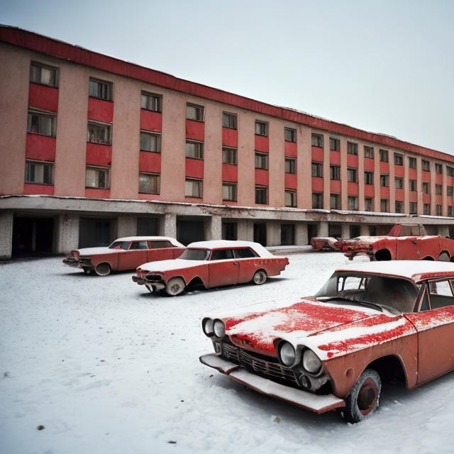 Prompt: Abandoned 1960s Soviet hotel colored red with abandoned Soviet cars in the parking lot from the 1960s with snow in the background in various different colors, mostly bland ones though.