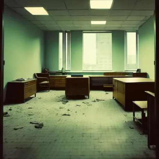 Prompt: Backrooms style office space with windows and 1960s Soviet technology and is abandoned and is a light dark liminal space.