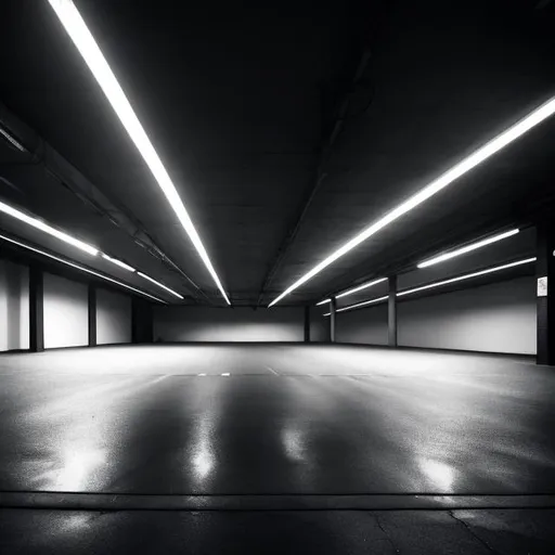 Prompt: Liminal space of a dark dimly lit indoor car park.