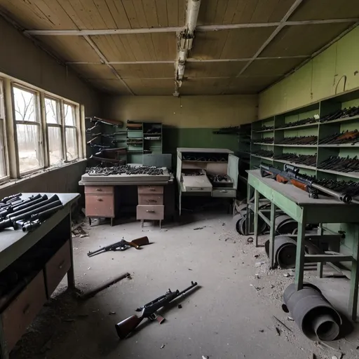 Prompt: Abandoned Soviet 1960s gun shop with some guns still inside and a work truck carrying some guns still inside collecting dust.