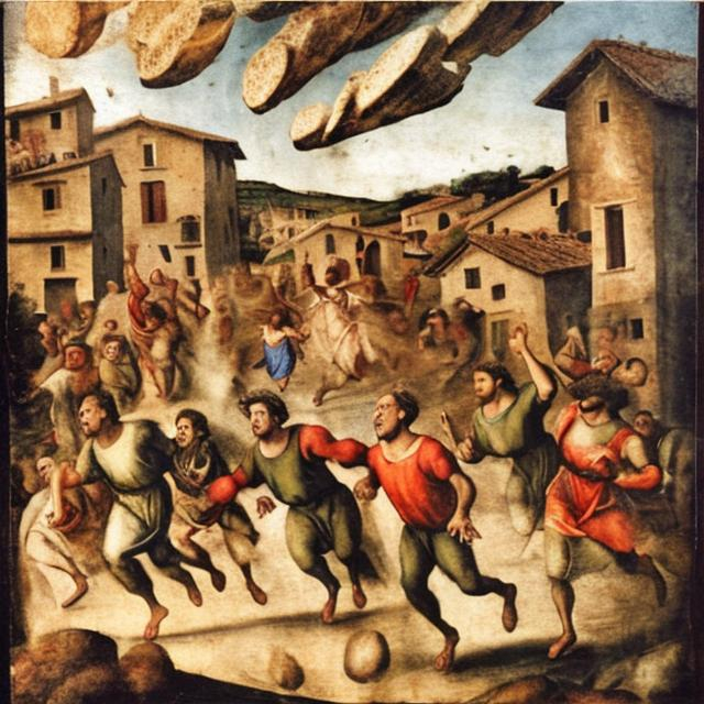 Prompt: Villagers of a small village in Italy in the 1500s running towards a giant piece of bread with olive oil on it that fell from the sky.