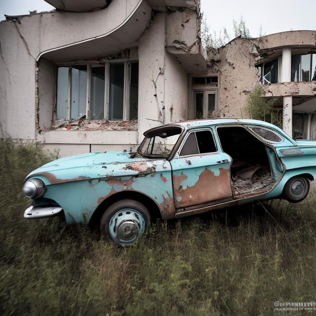 Prompt: Abandoned 1960s Soviet car flipped over against the wall of an abandoned Soviet house from the 1960s with an abandoned Soviet 1960s building next by it.