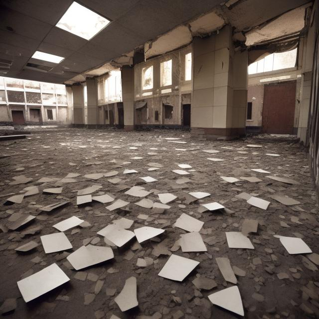 Prompt: Giant bell fragments on the floor of an abandoned giant office building from the 1960s.