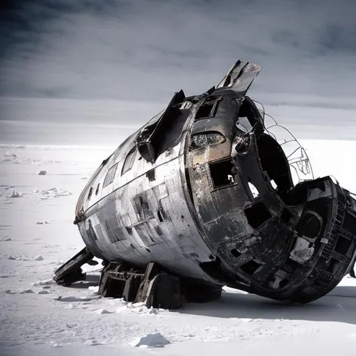 Prompt: An old crashed Soviet satellite in Antarctica.