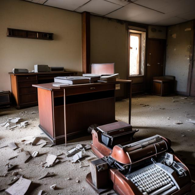 Prompt: Abandoned dusty desk with old papers on it and a broken typewriter in an abandoned Soviet office building from the 1960s with an abandoned Soviet car from the 1960s in the far corner of the room.