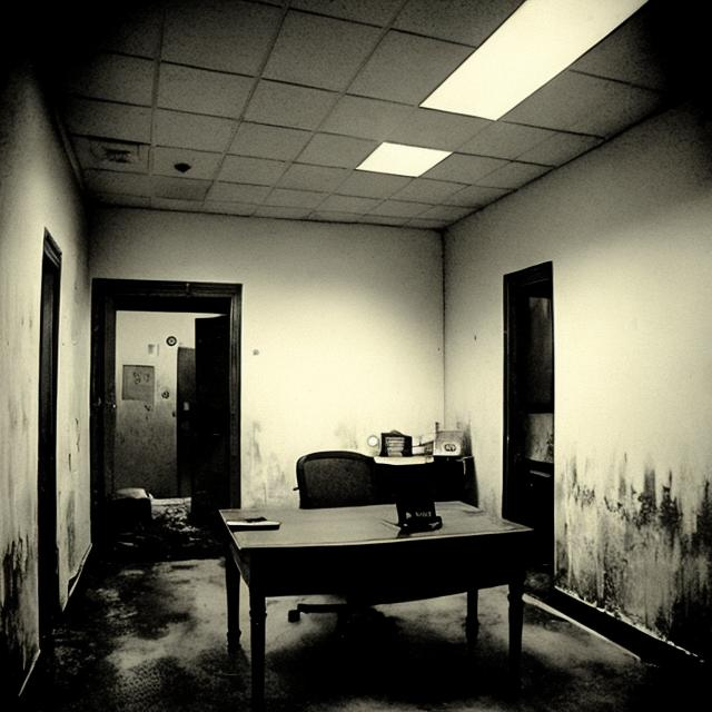 Prompt: Creepy old damp office liminal space.
