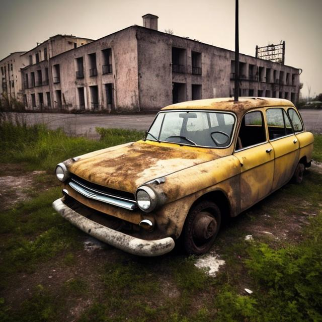 Prompt: An old Soviet taxi from the 1960s sitting abandoned in the same parking spot that it has been in for over 60 years next by the abandoned Soviet apartment.