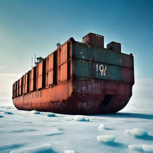 Prompt: An old Soviet container ship from the 1960s rotting away tilted in an ice sheet near snowy land with it's containers spilling out the old 1960s Soviet cars that it is carrying.