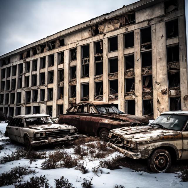 Prompt: An old abandoned collapsed Soviet building that is crushing several old cars.