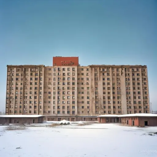 Prompt: Abandoned 1960s Soviet hotel colored red with abandoned Soviet cars in the parking lot from the 1960s with snow in the background in various different colors, mostly bland ones though.