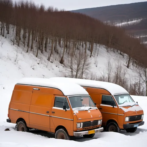 Prompt: Filing cabinets in a tipped over abandoned van from the Soviet Union 1960s on the snowy hillside just a little bit off of a road.